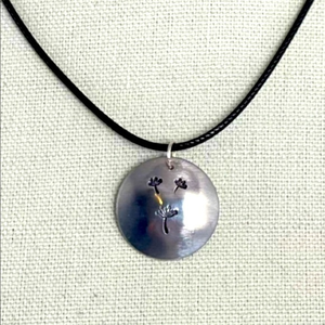 Handmade stamped dandelion‎ silver hypoallergenic pendant black leather necklace